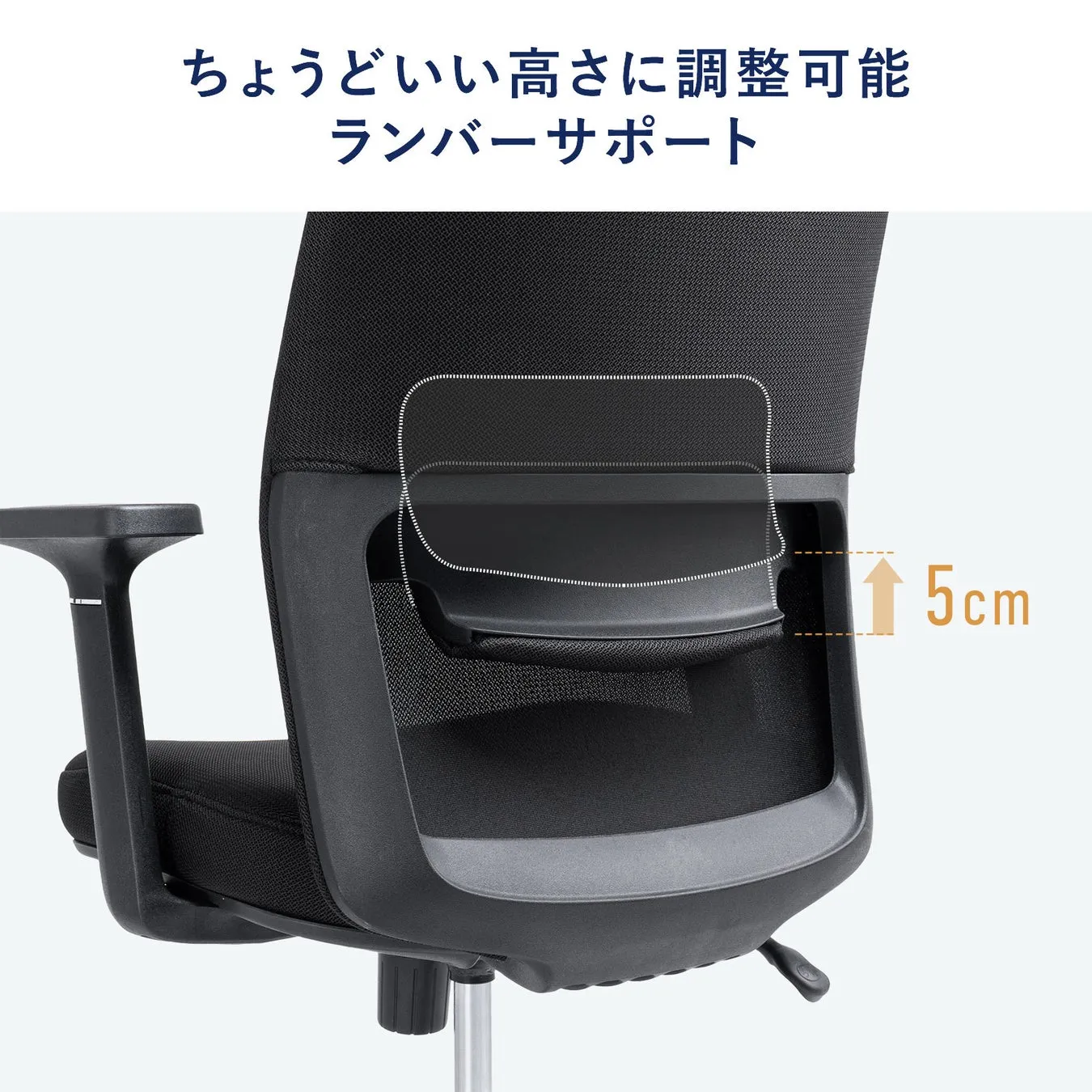 ランバーサポートが調整可能な椅子の画像。背もたれ部分に調整可能なランバーサポートがあり、5cmの高さ調整が可能であることが示されている。