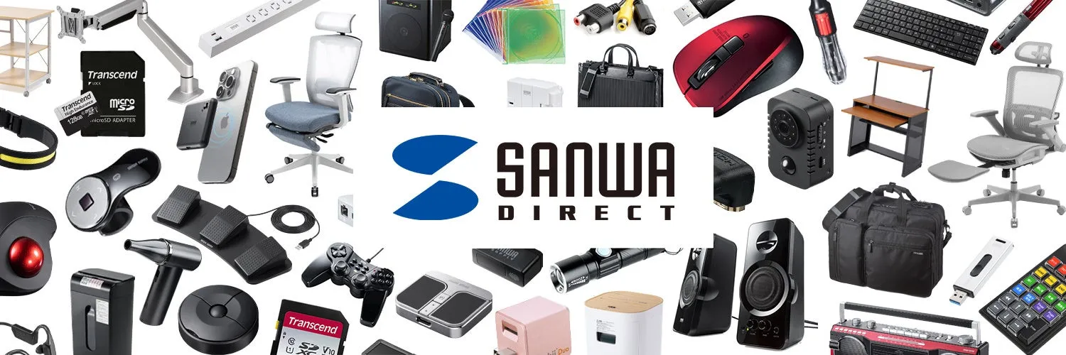 様々な電子機器やオフィス用品が配置された画像。中央に「SANWA DIRECT」のロゴが配置。