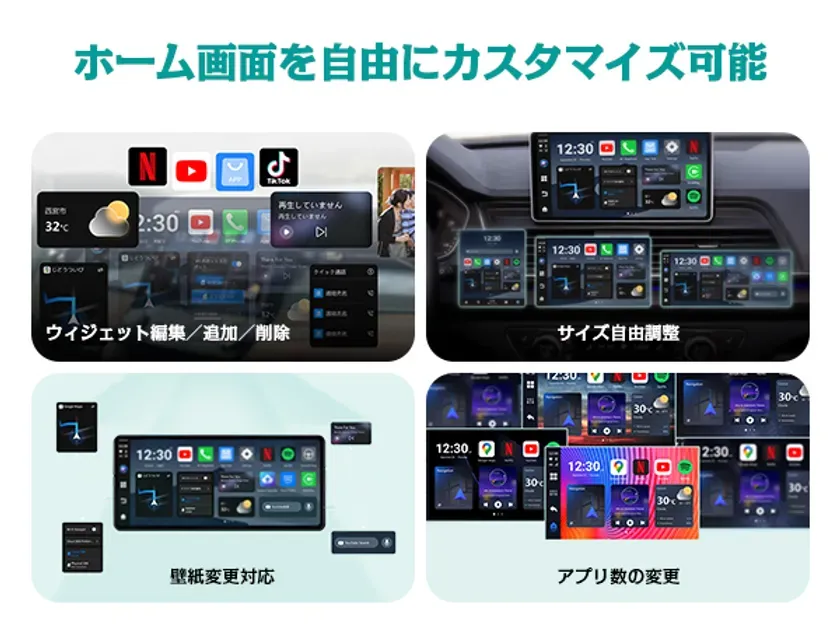 車のダッシュボードに設置されたディスプレイのカスタマイズ可能なホーム画面を紹介する画像。ウィジェットの編集、追加、削除、サイズ調整、壁紙の変更、アプリ数の変更など、様々なカスタマイズオプションが示されています。
