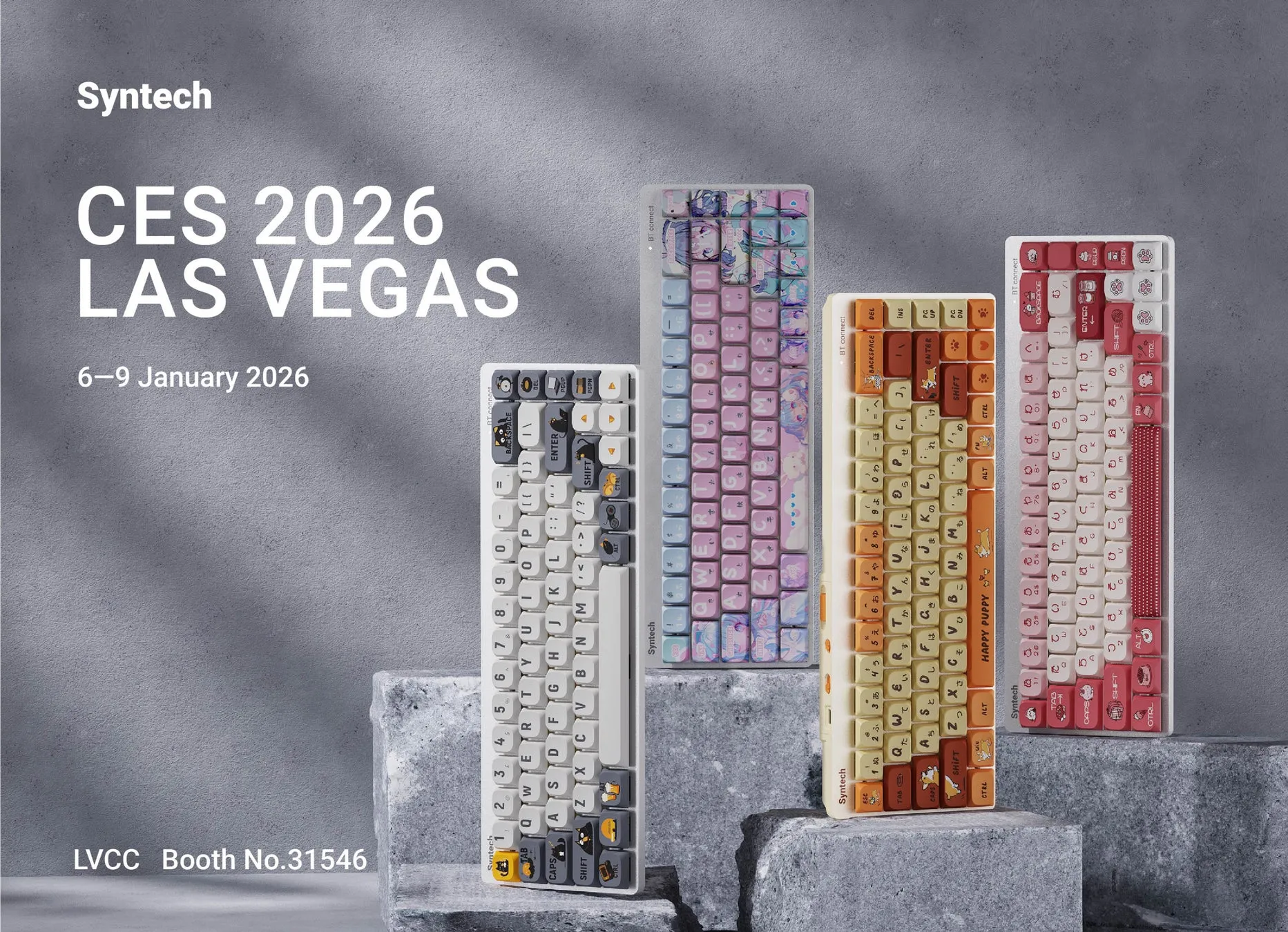 展示会 CES 2026 の広告。複数のキーボードが展示されており、キーキャップには様々なデザインが施されている。背景はグレー。