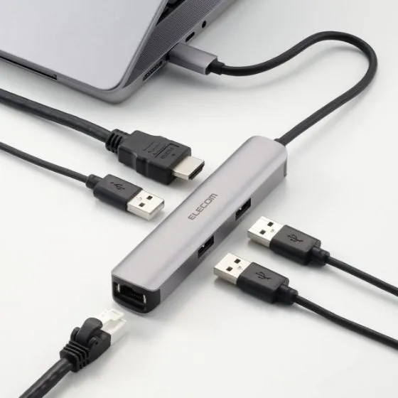 ELECOM製のUSBハブの画像。ノートパソコンに接続されており、複数のUSBポート、HDMIポート、LANポートを備えている。