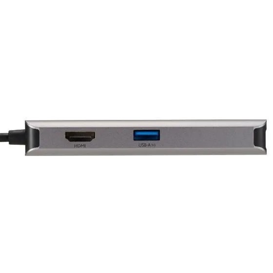 HDMIポートとUSB-Aポートを備えたシルバーのハブのクローズアップ画像です。
