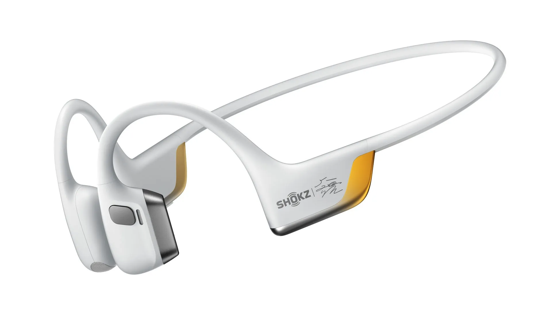 白とグレーのShokzブランドの骨伝導イヤホン。