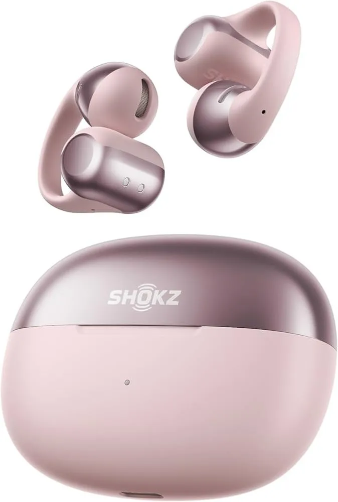 ピンク色のShokzイヤホンと充電ケースの写真です。