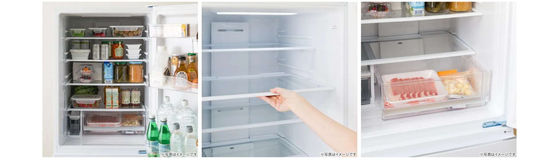 冷蔵庫の中の写真です。冷蔵庫には、様々な食品や飲み物が収納されています。
