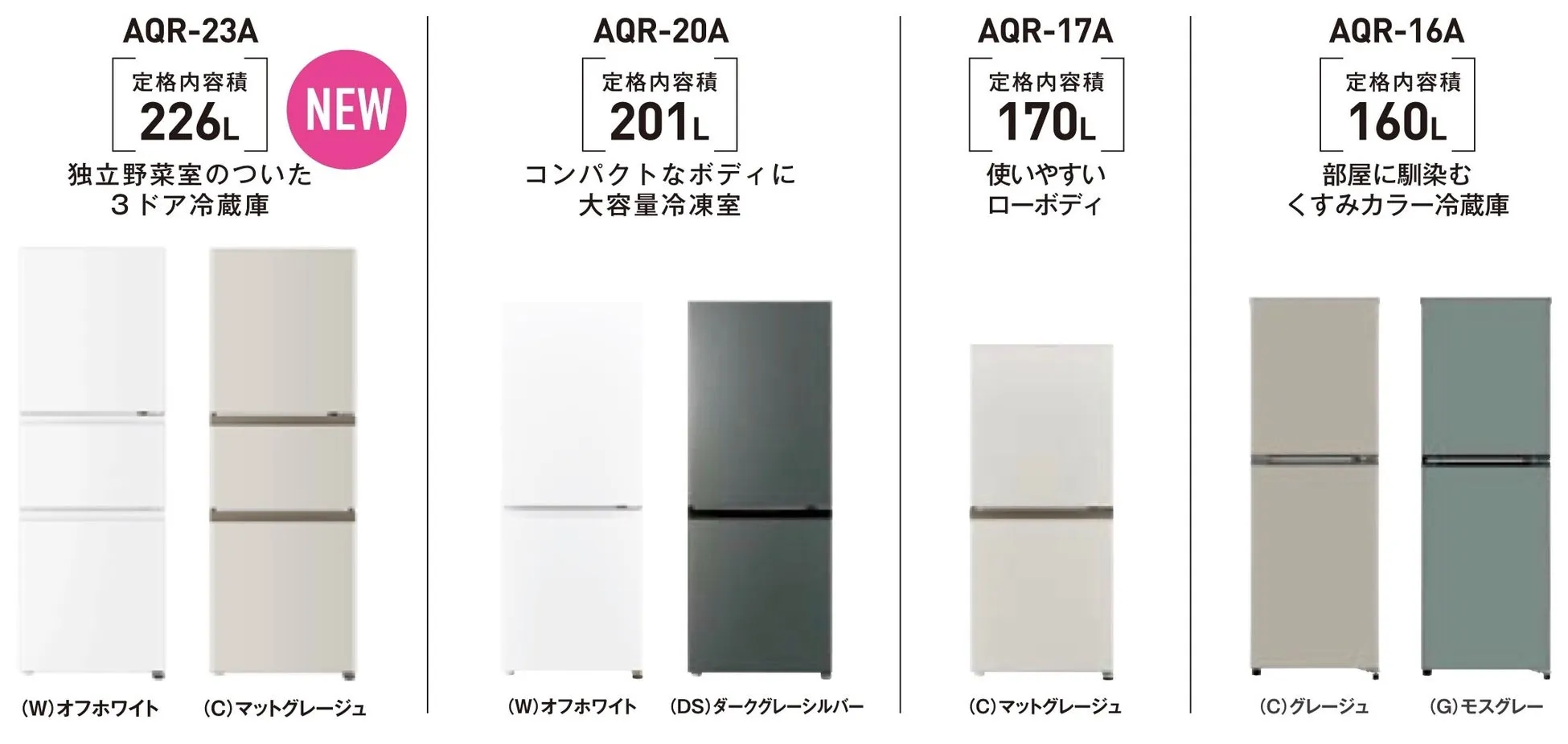 冷蔵庫の製品写真。様々な色と容量の冷蔵庫が紹介されています。
