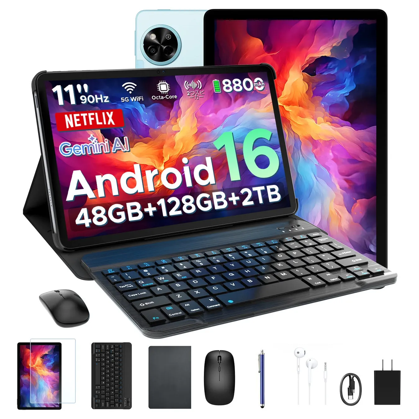 タブレット端末一式。タブレット、キーボード、マウス、充電器、イヤホン、保護フィルムなど。