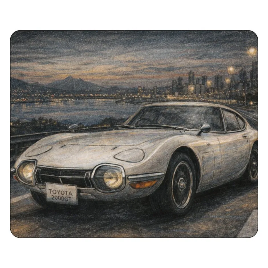 夜の街を走るトヨタ2000GTのイラスト。車のヘッドライトが光り、背景には街の明かりと山並みが見える。