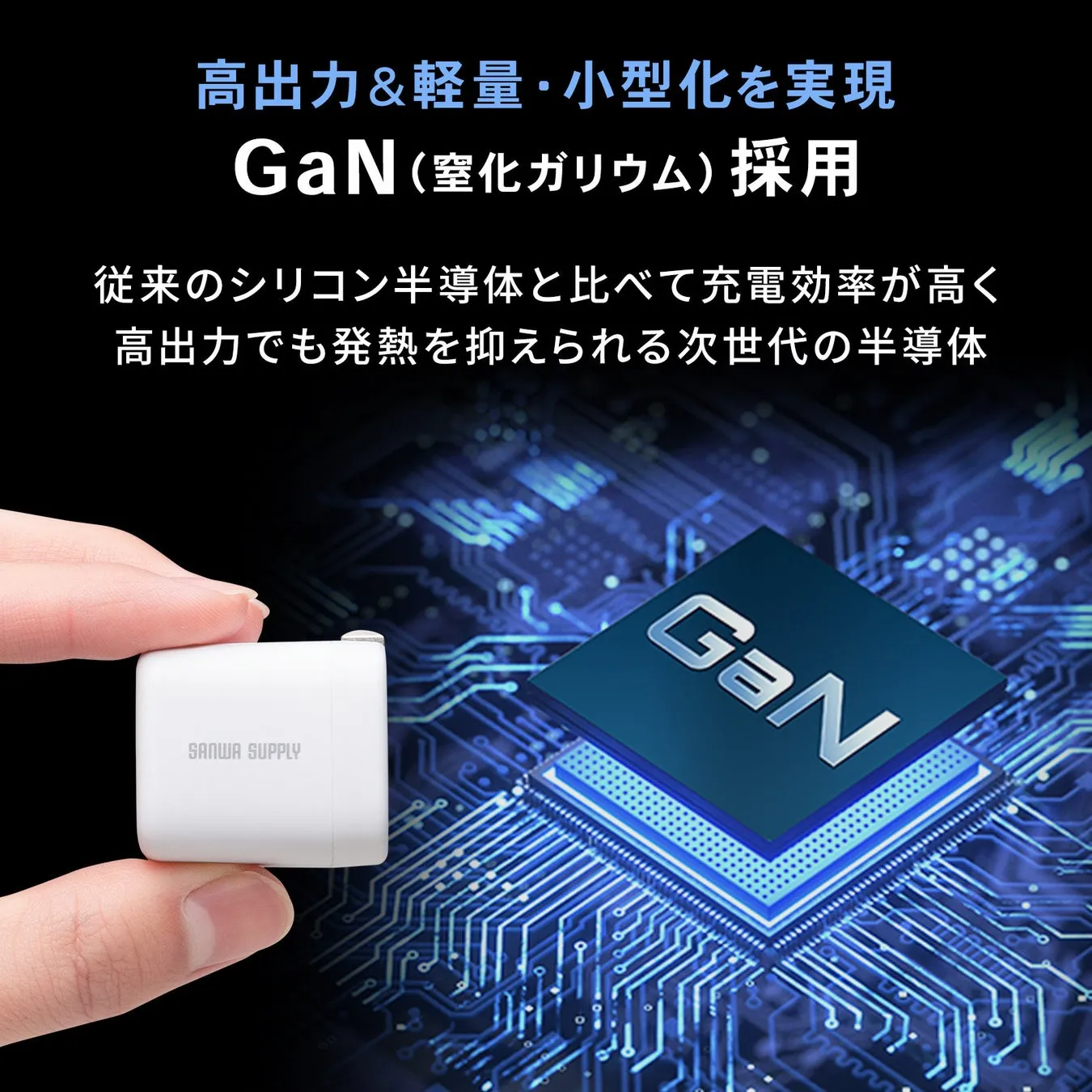 GaN(窒化ガリウム)を採用した小型で高出力の充電器のイメージ図。充電器本体とGaNチップ、回路図が描かれている。