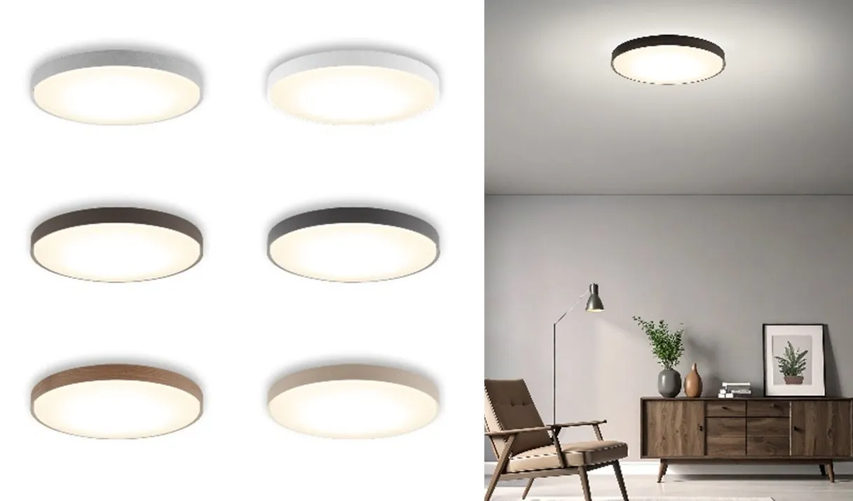 様々なデザインのLEDシーリングライトとリビングでの使用例