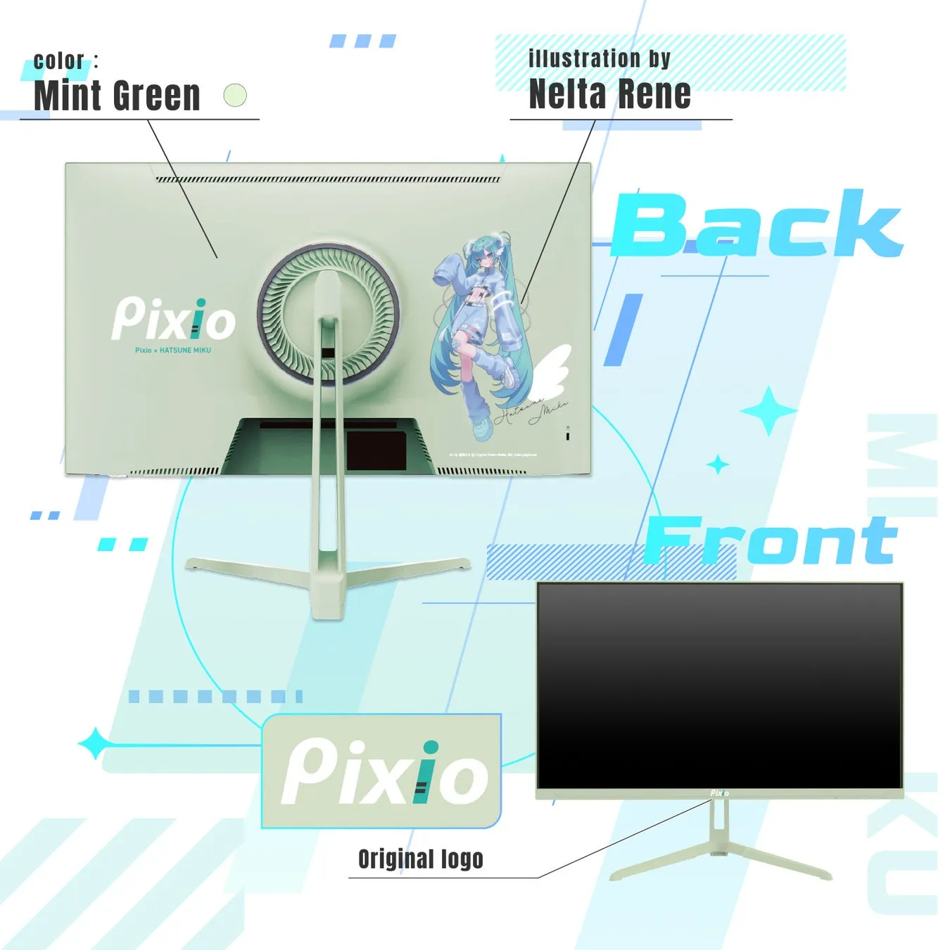 ミントグリーンのPixioモニターの前面と背面