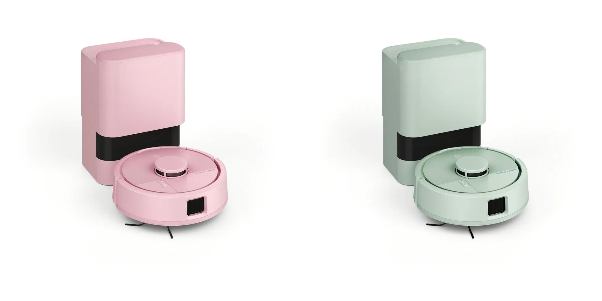 ピンクとミントグリーンのロボット掃除機と充電ステーション