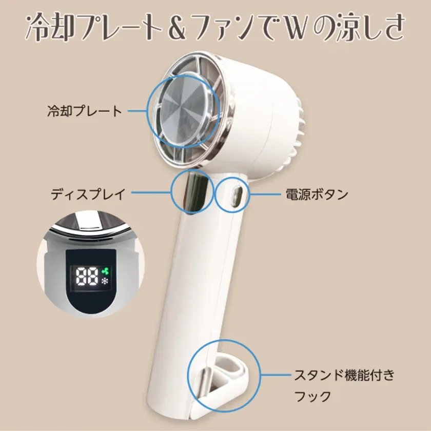 白くてスタイリッシュなポータブル扇風機の画像。冷却プレート、ディスプレイ、電源ボタン、スタンド機能付きフックなどの特徴が示されている。