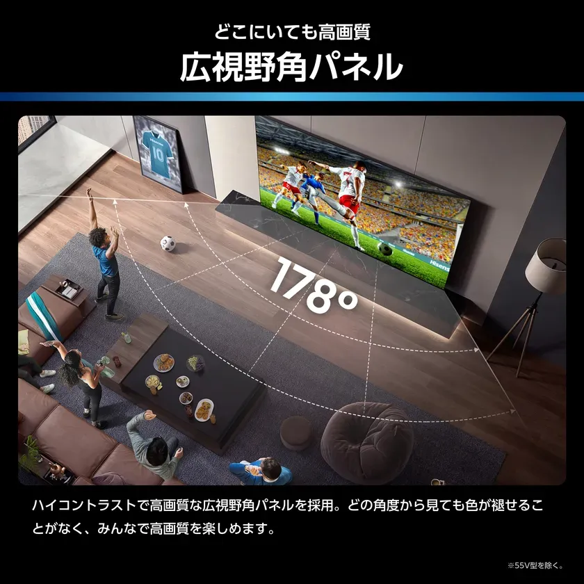 テレビの画像。広い視野角パネルを備えており、どこから見ても高画質で楽しめるとアピールしている。