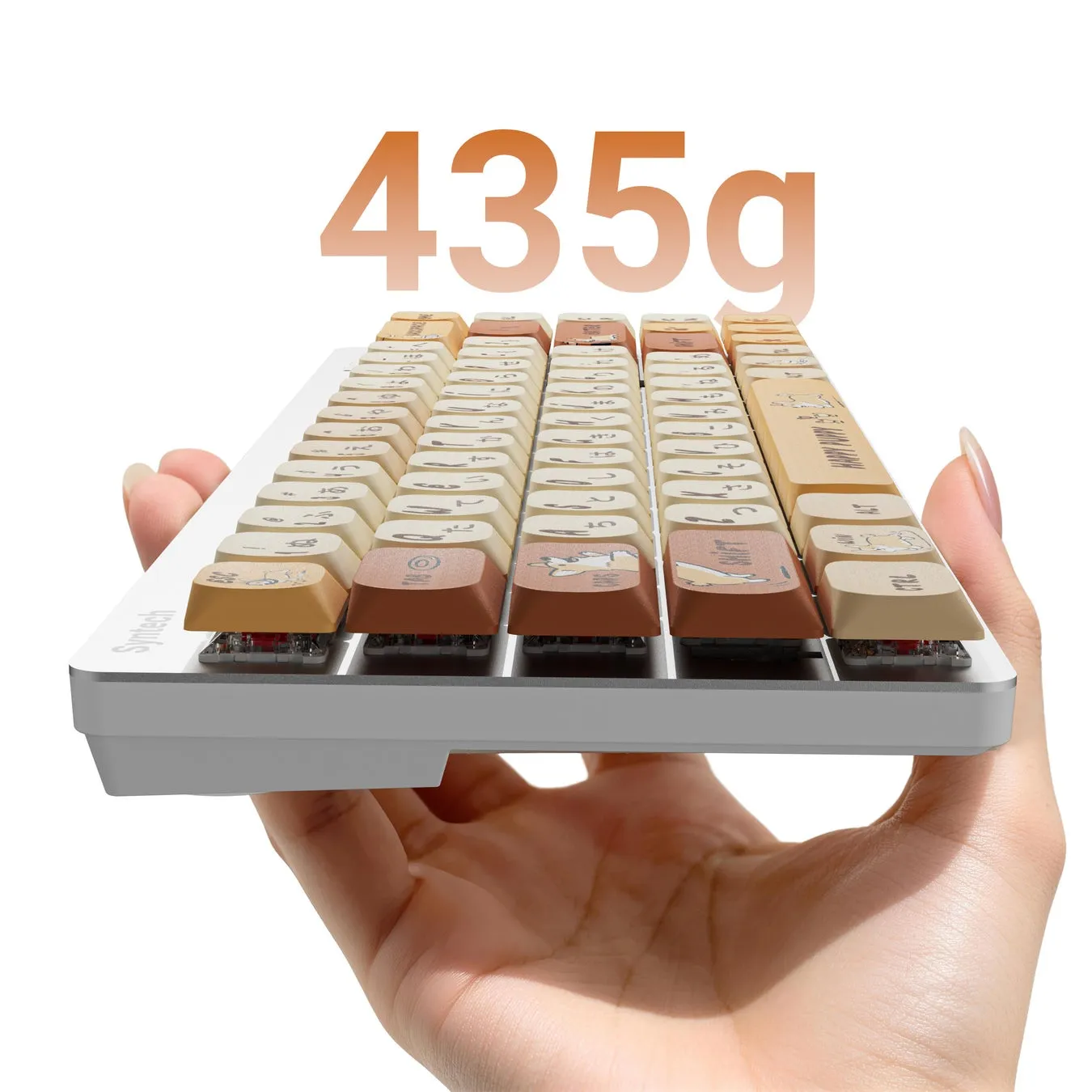 女性の手のひらに乗せられたG68LPキーボード。重さ「435g」と表示されている。